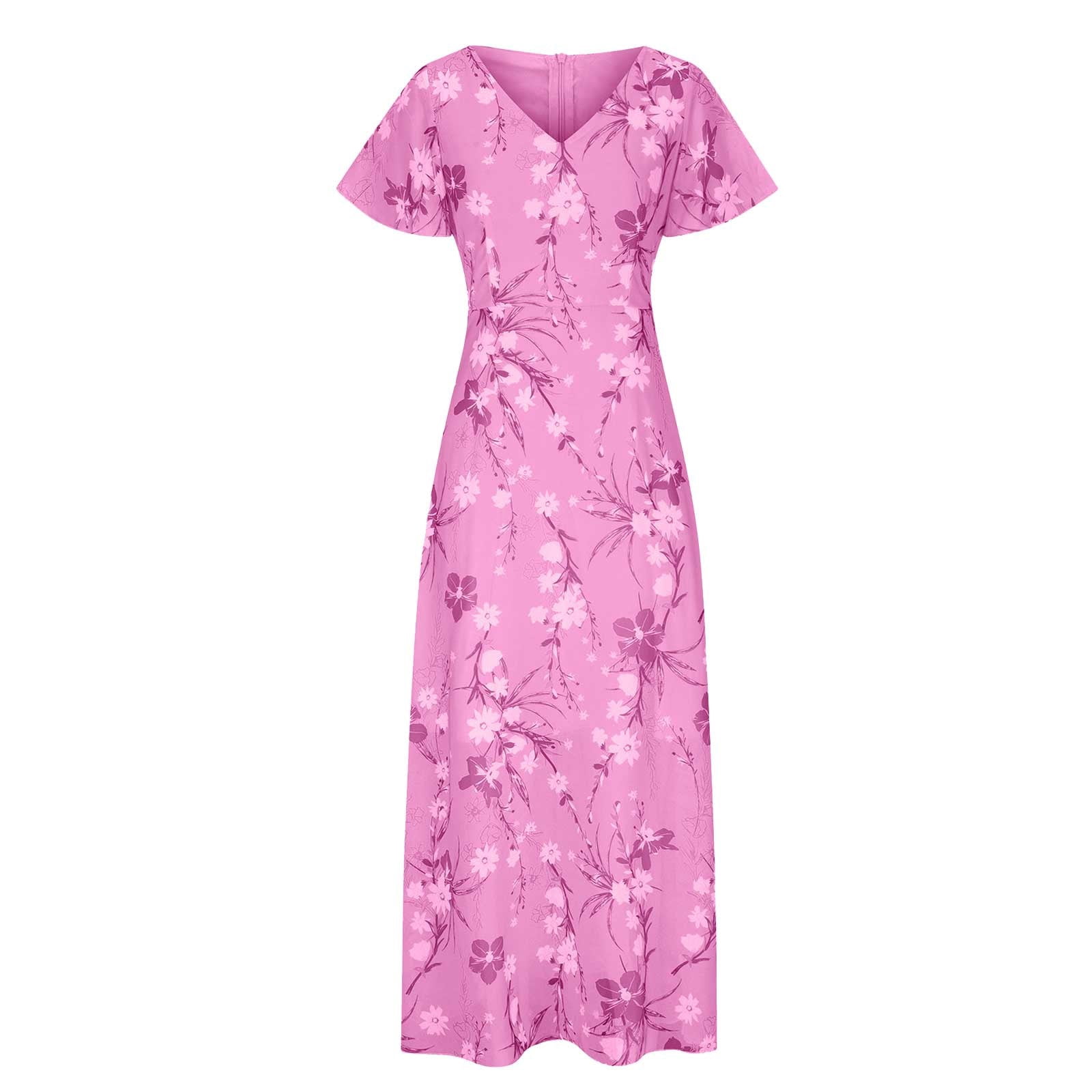 JYLPZYR Petite Summer Dresses For Women Women'S Fashionable Summer Casual Floral V Neck Short Sleeved Long Dress Long(Pink,XXL)