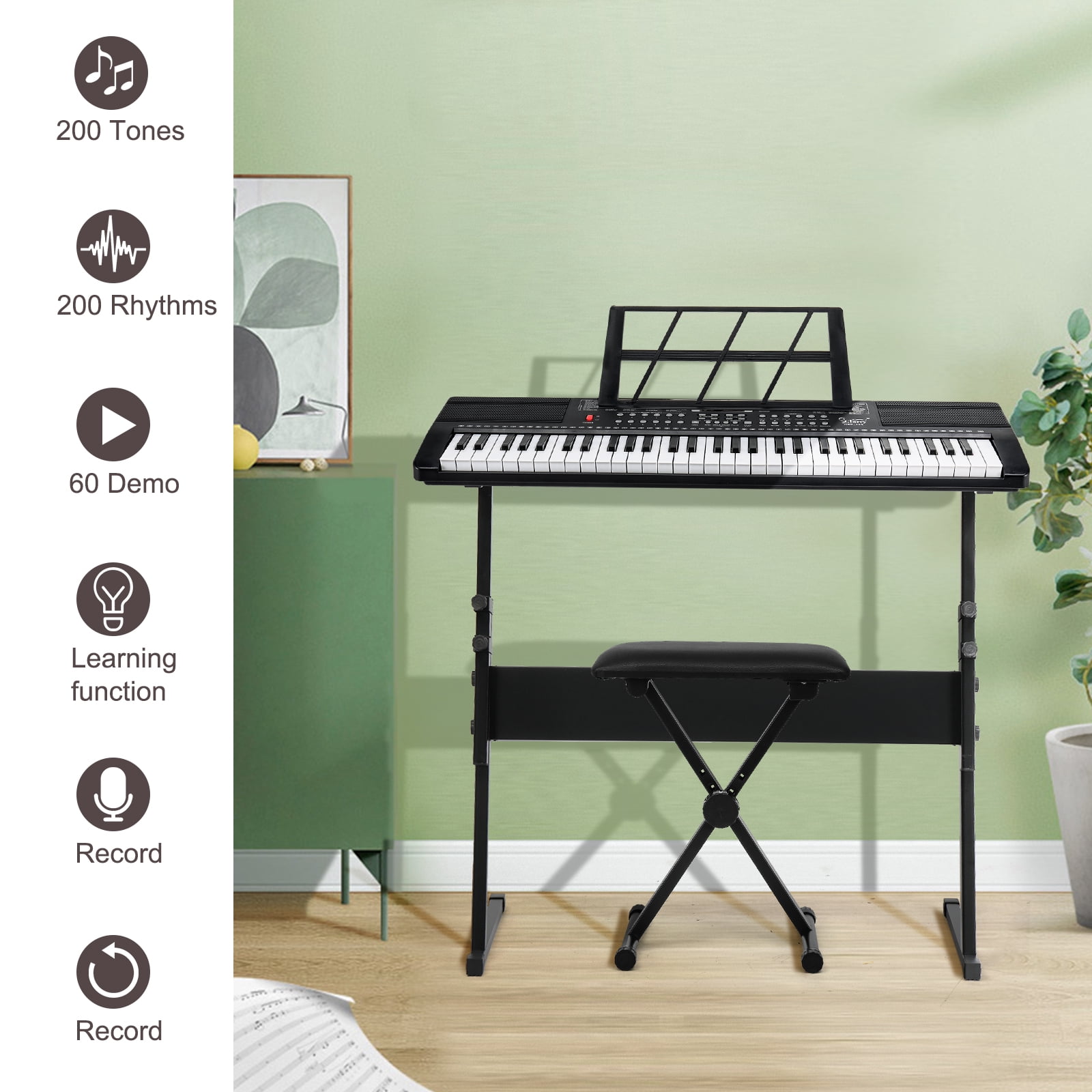 HUJHKIO 61-Key Keyboard with Piano Stand, Bench, Built-In Speakers, Headphone & Microphone, LED Screen, 200 Timbres & Rhythms, 3 Teaching Modes for Beginners, Black