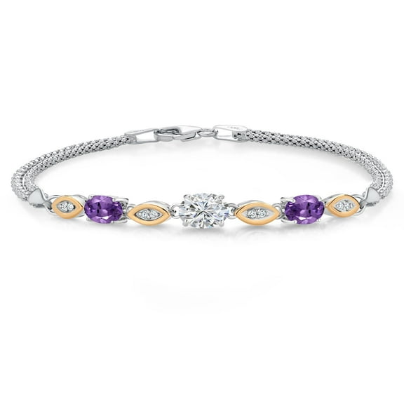 Gem Stone King 1.98 Cttw 925 Silver and 10K Yellow Gold IGI Certified Lab Grown Diamond and Purple Amethyst Bracelet for Women | Center Diamond 1 Ct | E-F Color | VS1-VS2 Clarity | 6.5/7/7.5 inches