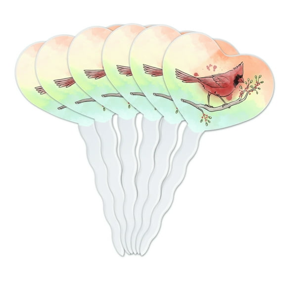 Northern Cardinal Watercolor Northeastern Bird Heart Love Cupcake Picks Toppers Decoration Set of 6