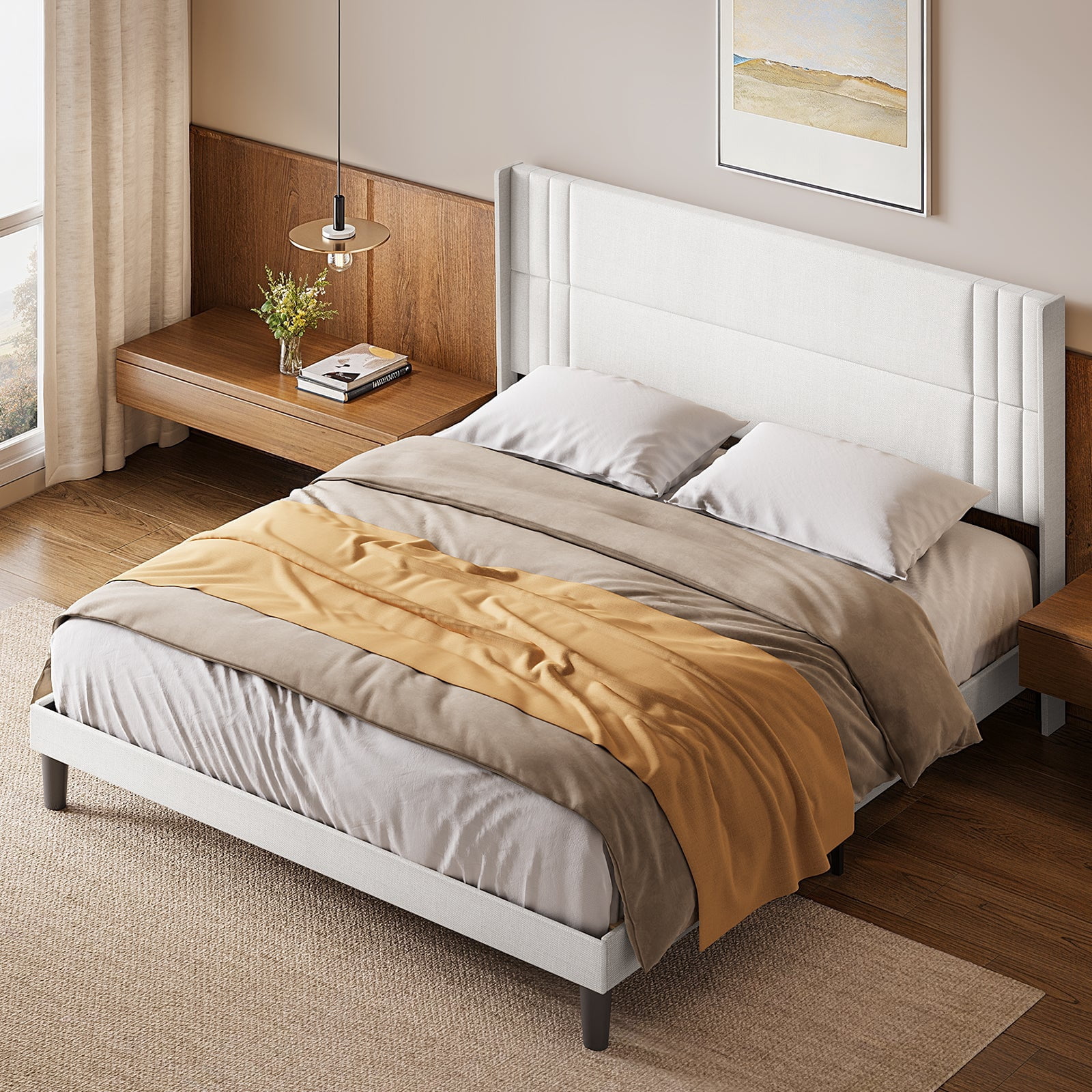 King Platform Bed Frame with Wingback Headboard, Wood Slat Support, Noise-Free, No Box Spring Needed, 850 lbs, White