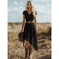 thumbnail image 3 of Women Black Lace V-Neck Short Sleeve Midi Dress With Asymmetrical Hem For, 3 of 6