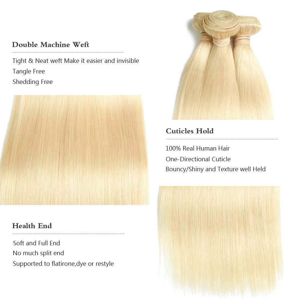 12A Human Hair Bundle 613 Blonde 20 22 24 Inch 3 Straight Bundle Real Hair Unprocessed Brazilian Remy Undyed Perm Hairpiece Hair Growth Quick Weave Shiny Bundle