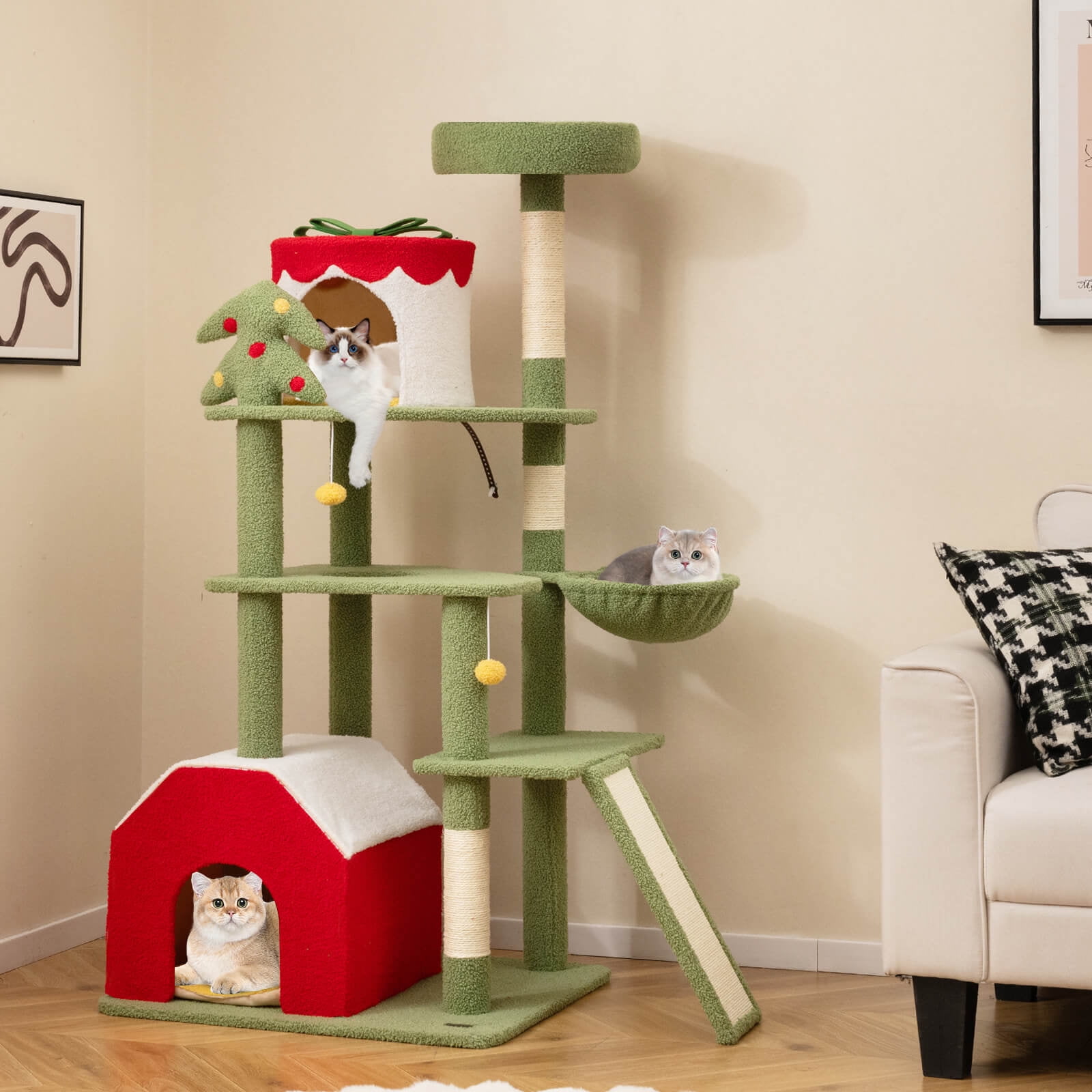 Infans 61" Tall Christmas Cat Tree w/ Sisal Scratching Posts Plush Perch & 2 Condos