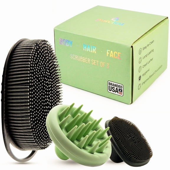 purefest 3-Piece Silicone Scrubber Set for Body, Hair, and Face - Exfoliating Shower Kit, Green/Black