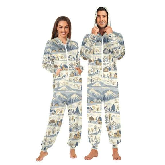 FORMRS Onesies Pajama for Adults Unisex Hoodie Winter Jumpsuit One Piece Sleepwear, Sizes S-2XL, Snowy Mountains