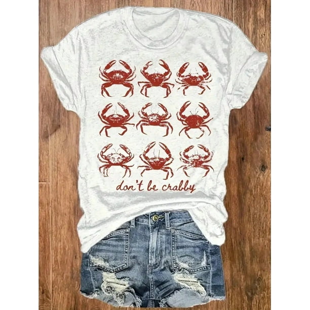 Women's Crab Casual Tshirt with Crabs, 100% Cotton, White Comfort Streetwear