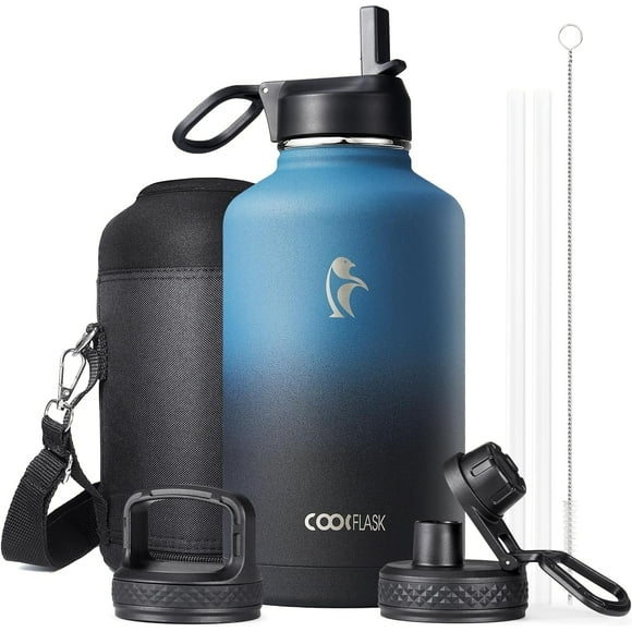 Half Gallon Water Bottle Insulated with Straw & 3 Lids, 64 oz Water Jug Large Metal Stainless Steel Wide Mouth for Sports, Gym or Office, BPA-Free Keep Cold 48H Hot 24H, Magic Black