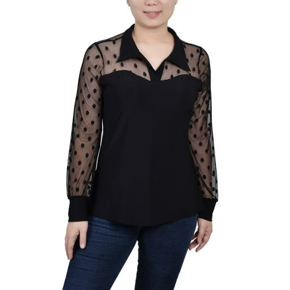 NY Collection Women's Long Sleeve Mesh Sleeve Top Black Petite Size PL
