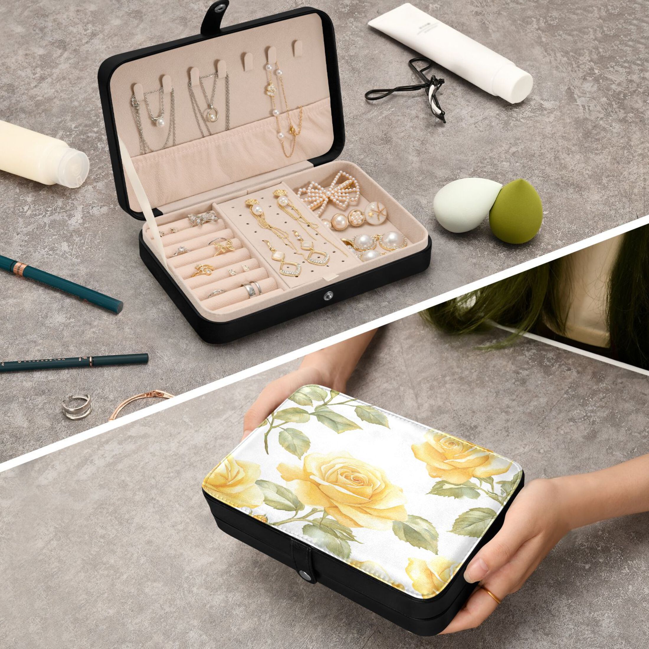 Leather Jewelry Box Rectangular 8.27x5.5x1.78In Travel Jewelry Storage Earrings Necklace Bracelet Watch Brooch Storage Gold Roses