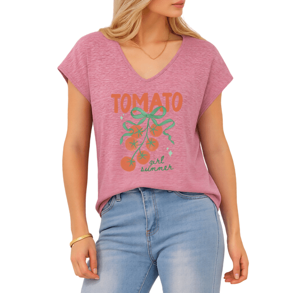 Giffimy Women's Vintage Tomato Bow Print Rose Red S-5XL V-Neck Sleeveless T-Shirt Cute Garden Gift Tank Top