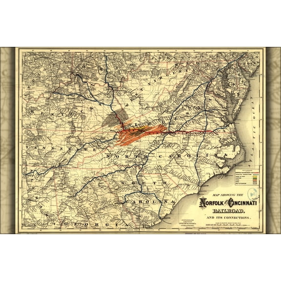 24"x36" Gallery Poster, Map Norfolk and Cincinnati Railroad 1882