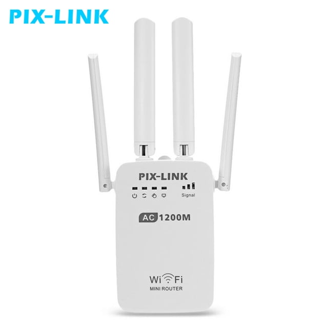 enrutador extensor/ap/repetidor inalámbrico wifi pix-link ac1200m blanco, vista frontal centrada de mini router con cuatro antenas externas plegables, carcasa blanca con logo PIX-LINK, indicadores LED frontales y texto "AC1200M" y "WiFi MINI ROUTER" legible; ideal para ampliar señal wifi en hogares u oficinas.