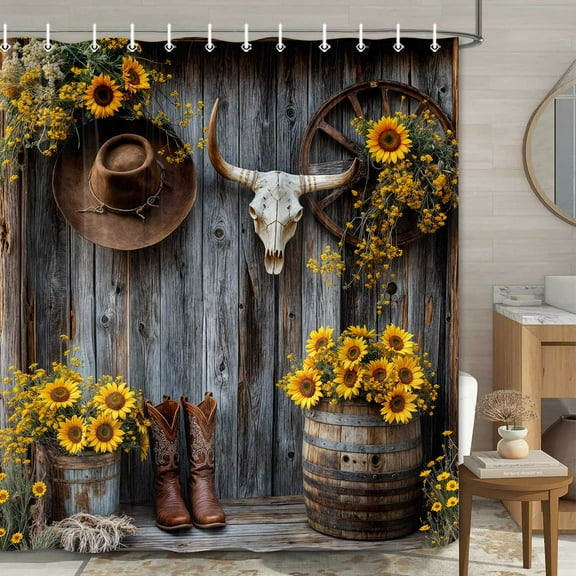 Farmhouse Western Cowboy Shower Curtain, Rustic Barn Door Country Brown Southwest Boots Yellow Floral Bath Curtain, Waterproof Fabric Bathroom Accessories Curtain Decor Set with Hooks 72X72Inch