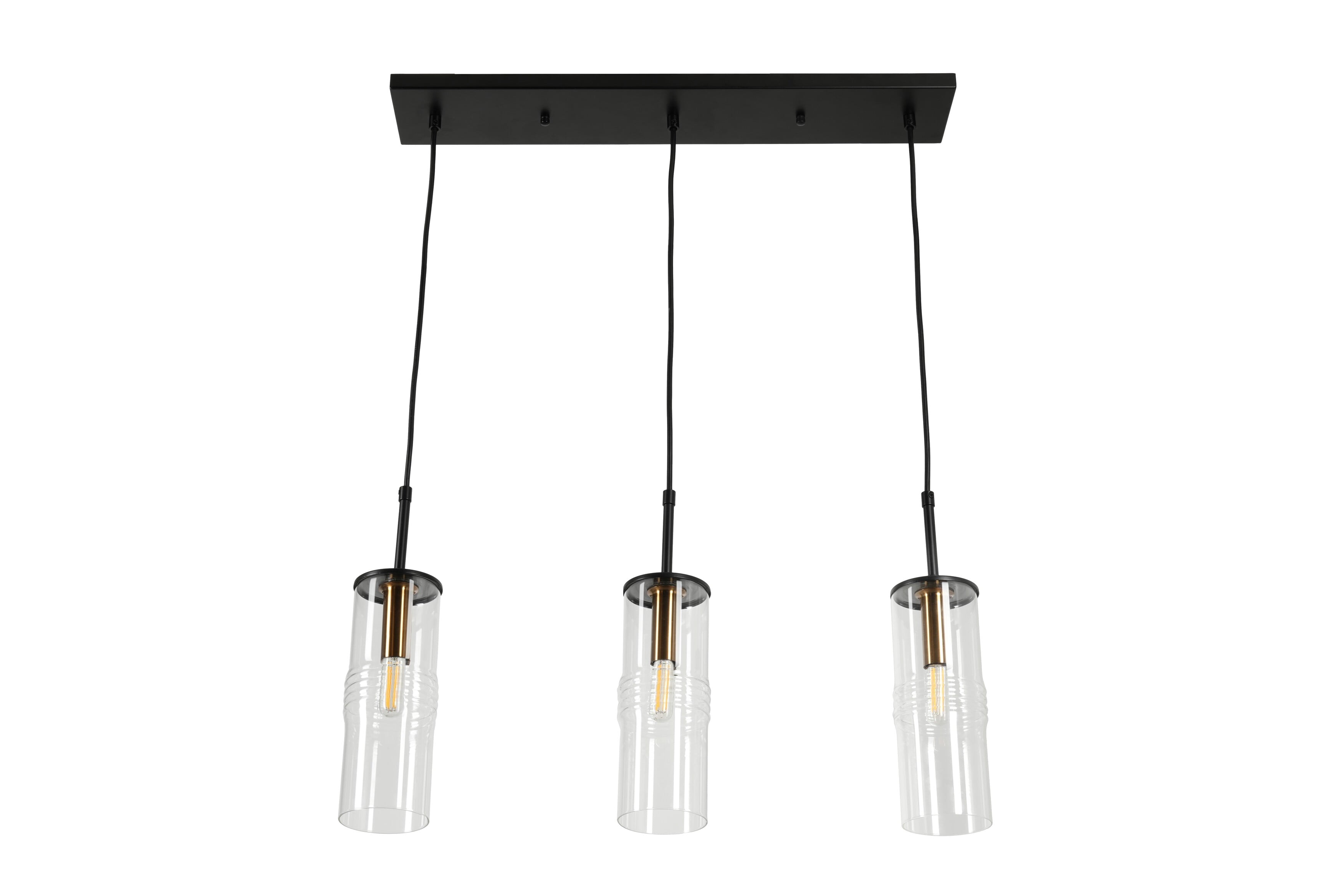 Kenroy Home Caulford 3-Light Adjustable Height Kitchen Island Light Fixture with Clear Glass Cylinder Shade for Kitchen Island, Dinning Room, Bedroom, Foyer, or Entryway, Black