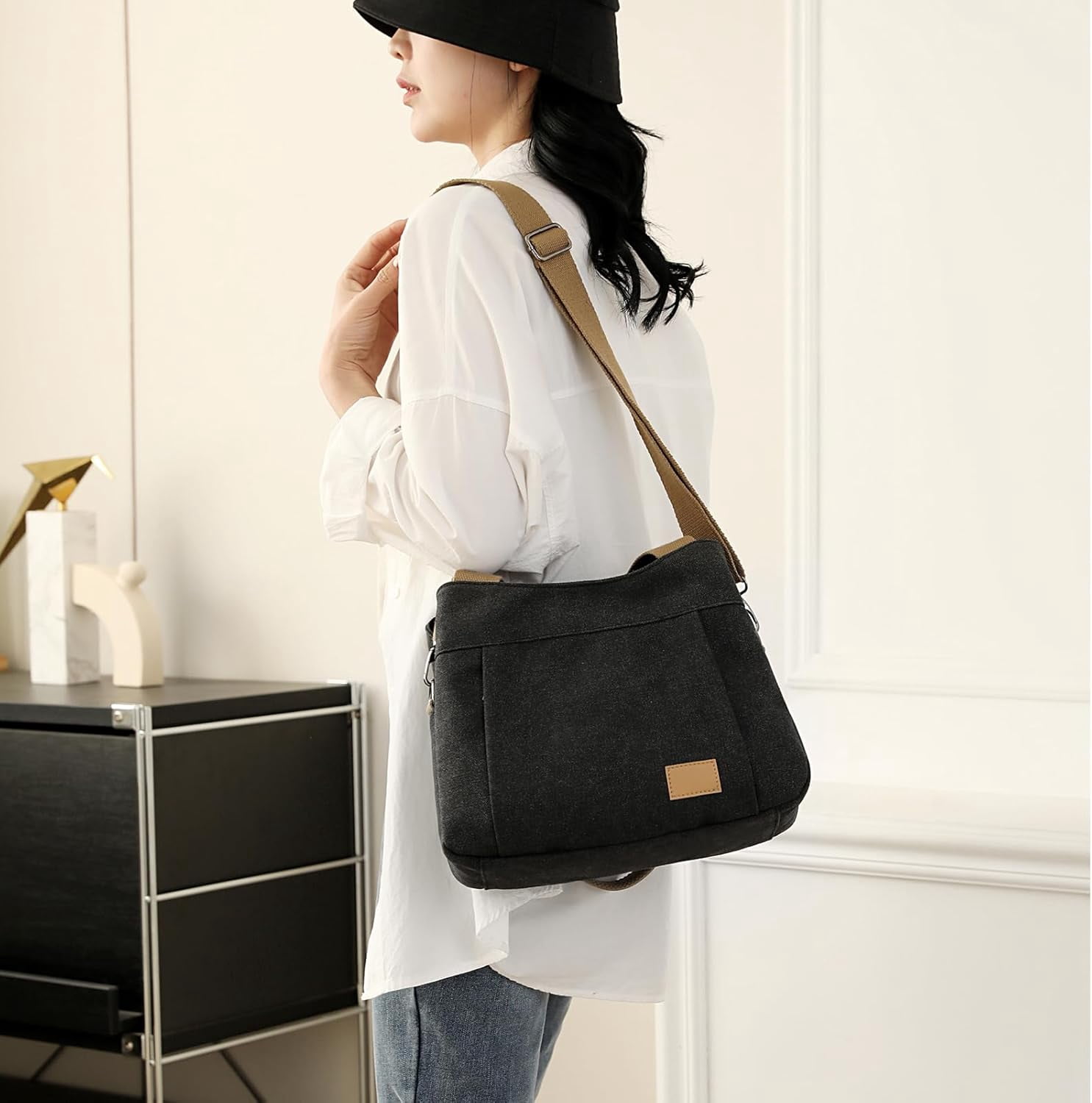 Heavy Duty Canvas Organized Hobo Bag for Women Daily Shoulder Crossbody Bag with 3 Compartment
