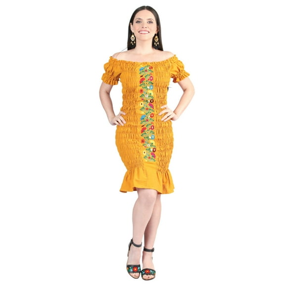 Artisanal Embroidered Dress 100% Cotton Mustard 604008