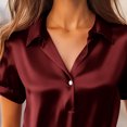 thumbnail image 5 of ClodeEU Women's Satin Half Button Notched Lapel Short Sleeve Shirts,Casual Office Blouse Wine,Womens Plus S, 5 of 9