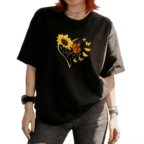 Cozymy Women's Heart Shaped Sunflower And Monarch Butterflies Graphic Short Sleeve T-Shirt Tees Tops