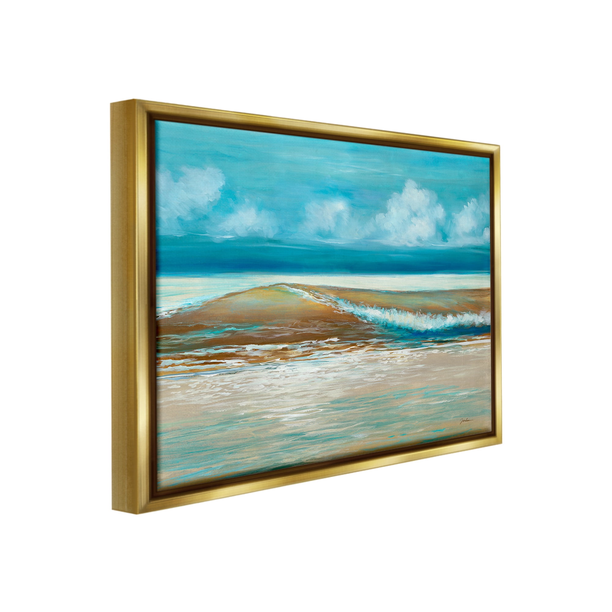 Stupell Industries Modern Rolling Sea Waves Landscape Painting Gold Floater Framed Canvas Art Print Wall Art, 21 x 17