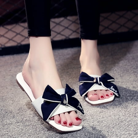 

absuyy Slide Sandals for Women- Bowknot Casual Beach Flip-flops Breathable New Style Open Toe Summer Flat Slide Sandals #456 Navy-8