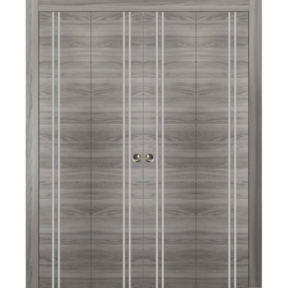 Sliding Closet Double Bi-fold Doors | Planum 0310 Ginger Ash with Frosted Glass | Sturdy Tracks Moldings Trims Hardware Set | Wood Solid Bedroom Wardrobe Doors