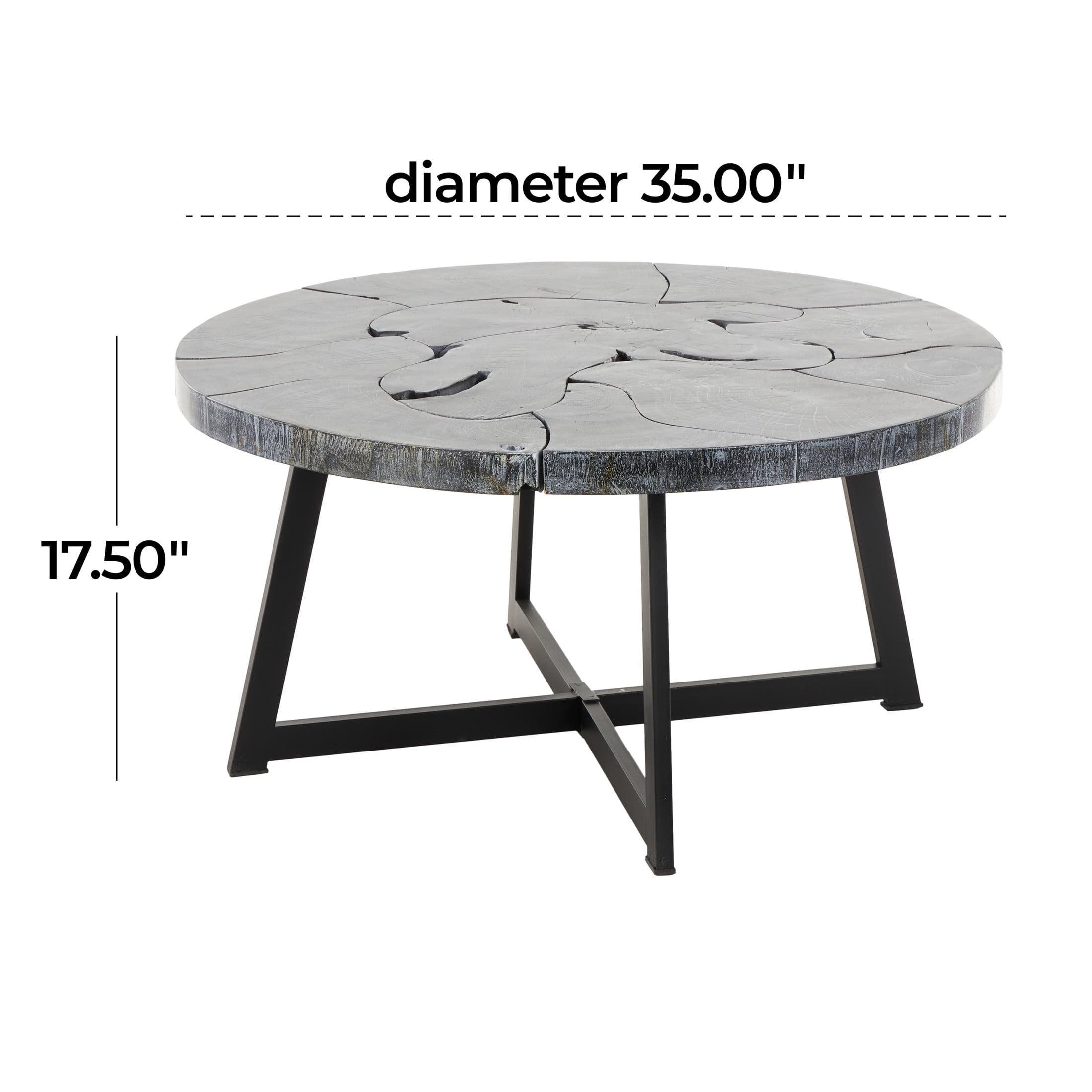 DecMode 35" x 18" Black Teak Wood Handmade Live Edge Geometric Coffee Table with Black Metal Base, 1-Piece