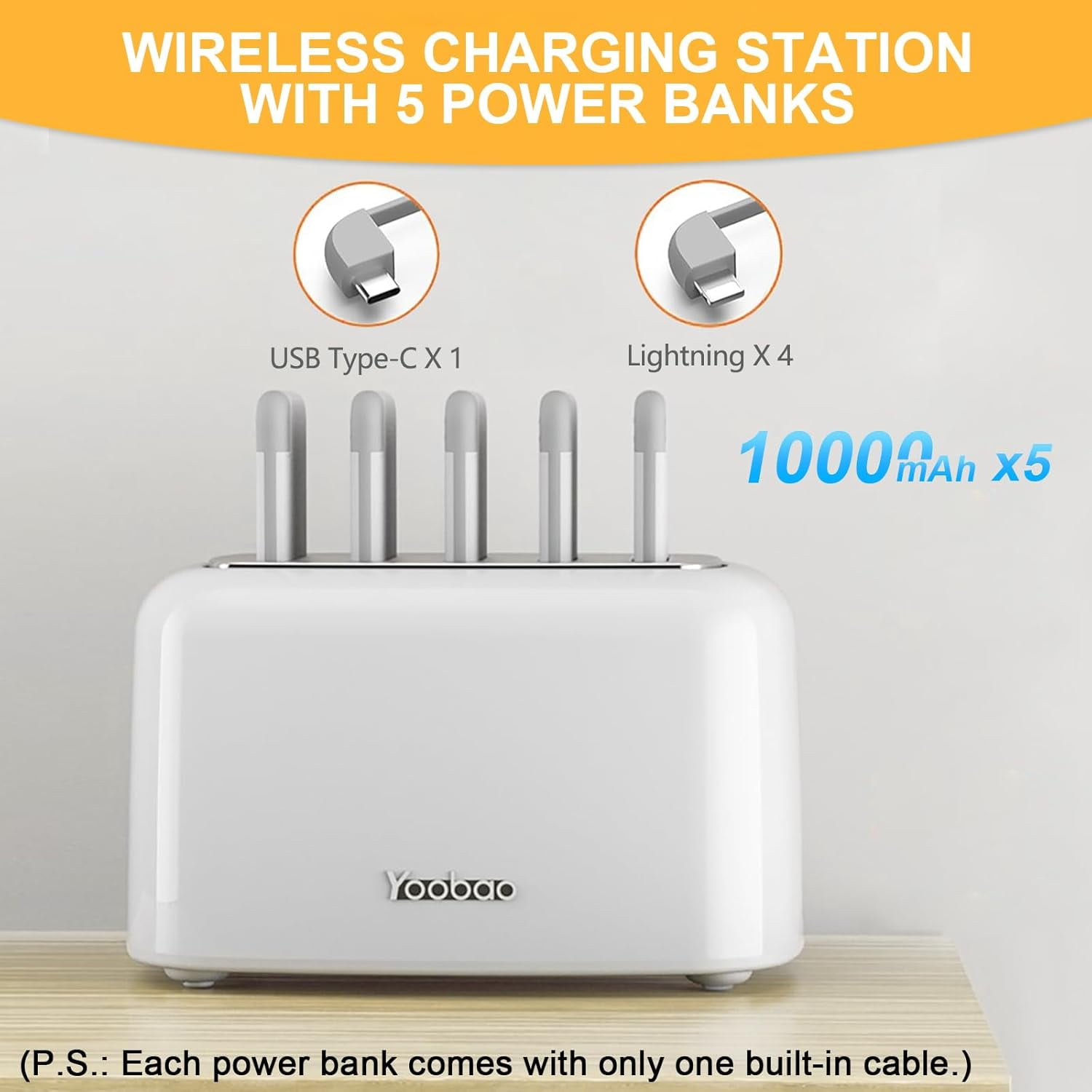 Yoobao Wireless Charging Station with 5PCS Power Bank, 10000mAh Portable Charger with Built in Cable Compatible with iphone/Samsung/Android for Home, Office, Bar, Restaurant (White)