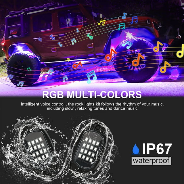 Plastic Car RGB LED Rock Light PU Lens Universal 150 Degree Anti-rust DIY IP67 Waterproof Underbody Lamp with Installing Screws 4 Lights