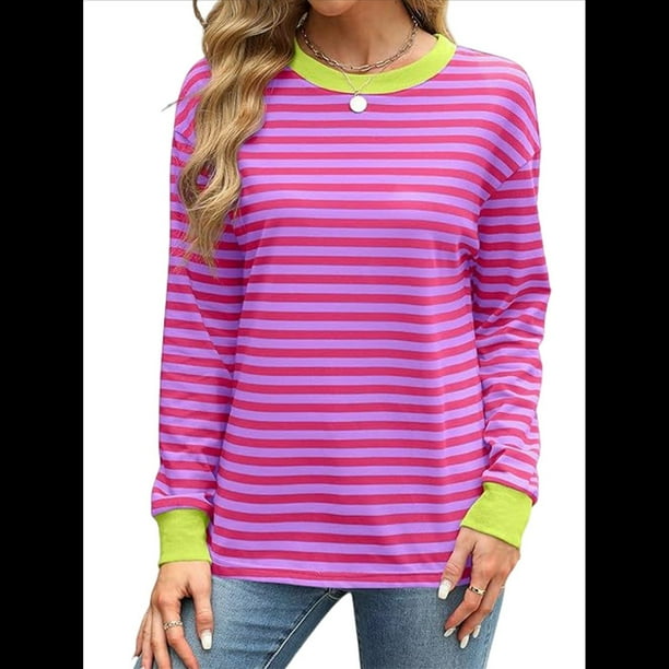 Tops Tipo Túnica para Mujer, Camisas A Rayas de Larga, Tops de Cuello Redondo Rosa S