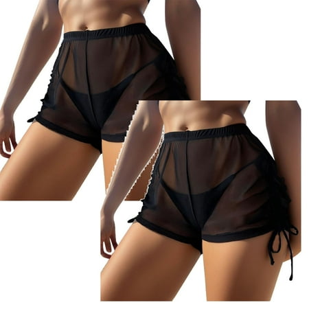 Kcodviy 2Pcs Women Sheer Mesh Cover Girls Bikini Up Shorts Beach Cover Underwear Women Bikini Up Beach Solid Sheer High Waist Bikini Bottoms Mesh Cover Up Pant Solid Cover Up Bikini Panties For W