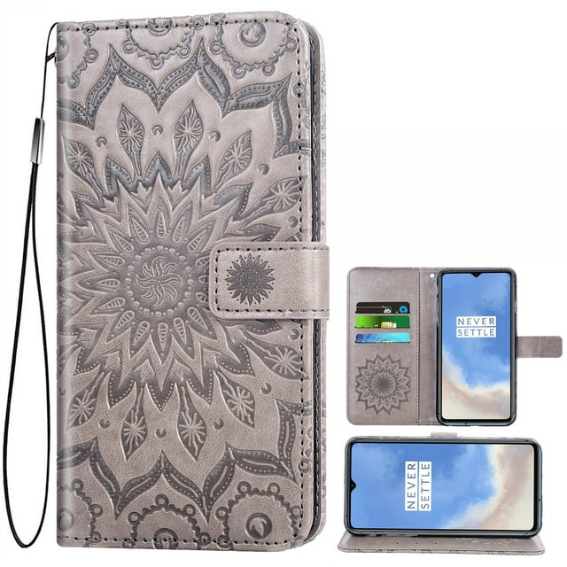 Case for Oneplus 7T Wallet Case Leather Premium PU Embossed Design Magnetic Closure Protective Cover with Card Slots for Oneplus 7T, Black
