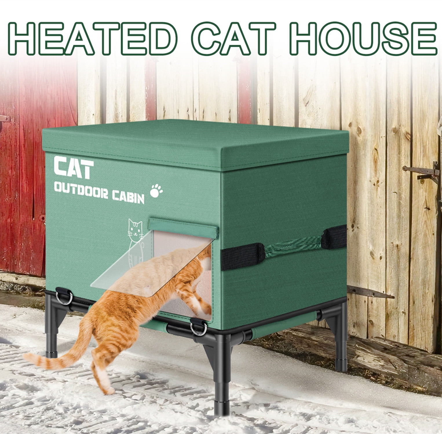 Heated Cat House for Outside in Winter, Outdoor Cat House Weatherproof with Heating Pad, Insulated Feral Cat Shelter for Outdoor Barn Strays, Highly Elevated Base & Safe Escape Door, 16 x 12 x 17 in