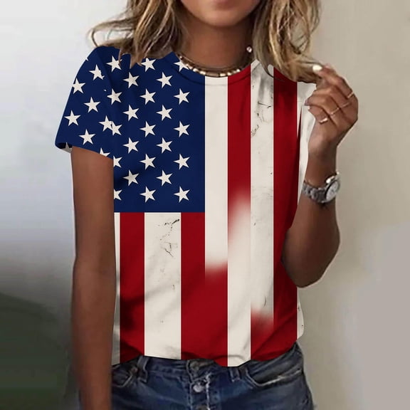 Vetsdori Womens American Flag T Shirts Summer July 4th Pullover Graphic Red White and Blue Short Sleeve Plus Size Red White and Blue , Crew Neck Independence Day Tops for Women Casual
