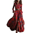 thumbnail image 2 of Stichou French Retro Grid Dress - Retro Ethnic Style Lapel Reddish Ruffle Brown Plaid Maxi Dress, Long Sleeves, Lapel Button Closure with Belt Red 2XL, 2 of 4