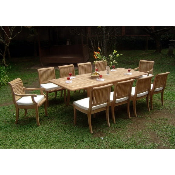 Teak Dining Set:10 Seater 11 Pc - 94" Mas Trestle Leg Double Extension Rectangle Table 8 Armless and 2 Giva Arm / Captain Chairs Outdoor Patio Grade-A Teak Wood WholesaleTeak #WMDSGVo