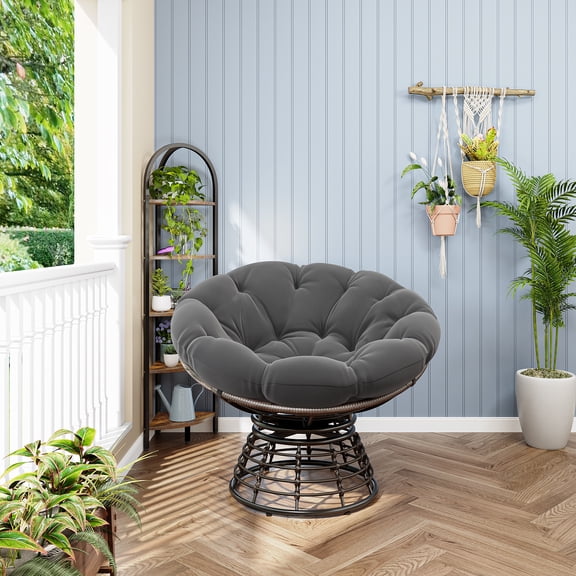 YIYADO Comfortable Ergonomic Wicker Papasan Chair, 360° Swivel Chair with Thick Cushion for Indoor & Outdoor, Brown Frame Gray Cushion