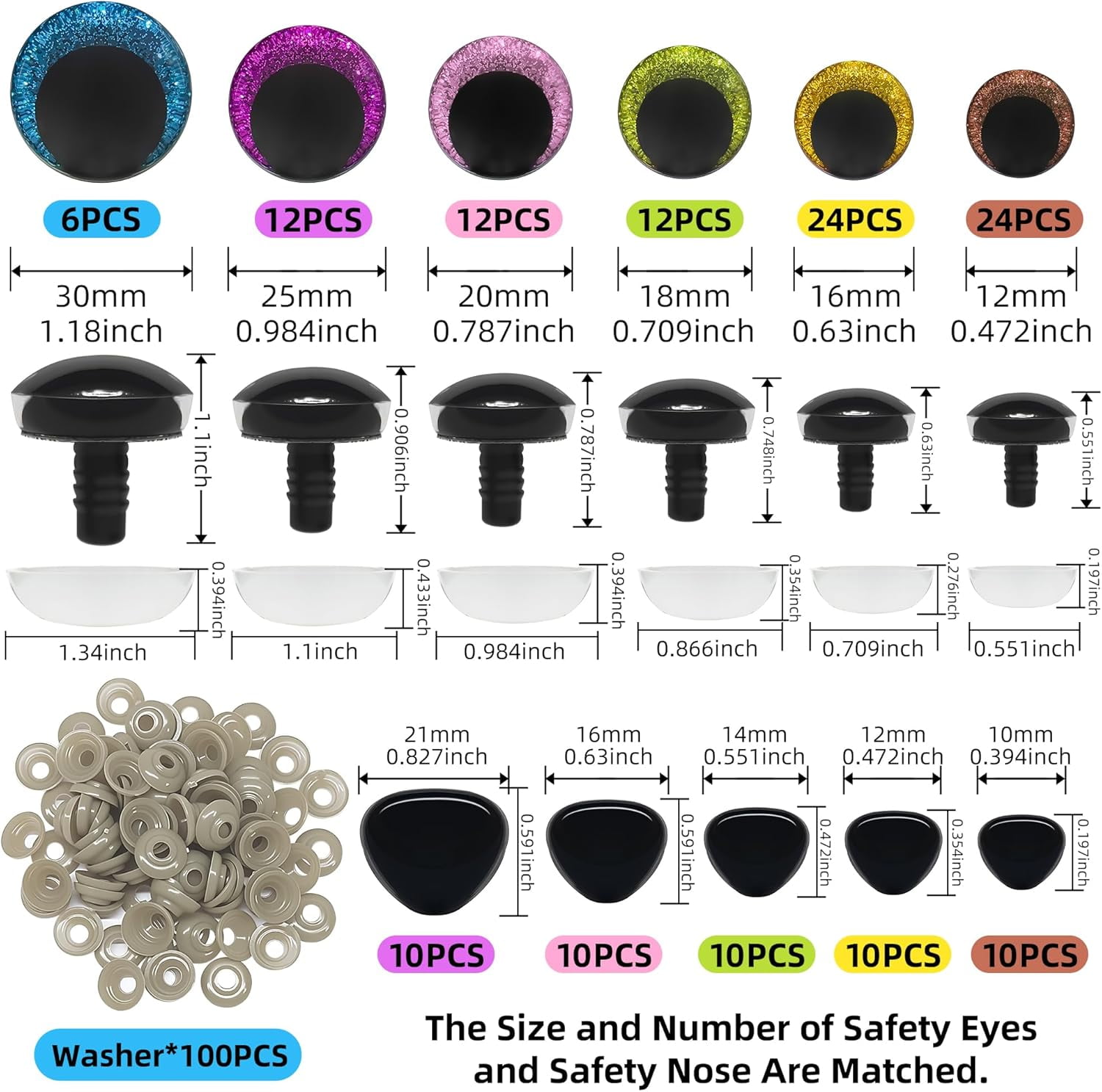 420-Piece 3D Glitter Moon Safety Eyes and Noses for Crochet Animals, 12-30mm Amigurumi Doll Making Supplies with Bowl Washers, DIY Stuffed Animal Craft Kit