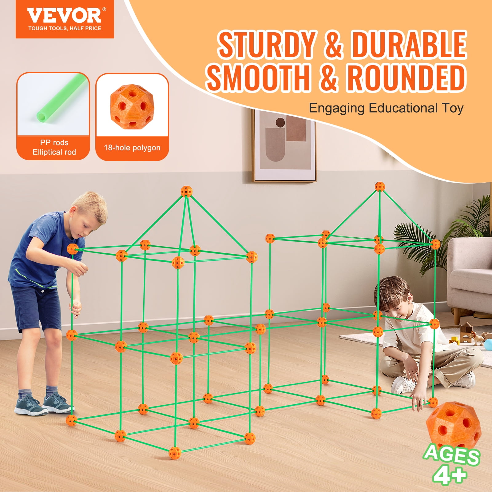 VEVOR Fort Building Kit for Kids,140PCS Glow in The Dark STEM Building Toys, Educational Gift for 4 5 6 7 8+ Year Old Boys & Girls Indoor Outdoor Play Tent Construction Toys with 96 Rods and 44 Balls