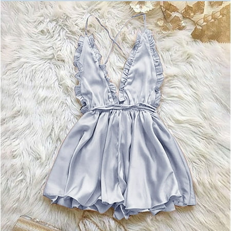 

Women s Dress With Wooden Ear Edge Deep V Neck Neck Tie Backless Lingerie Nightdress