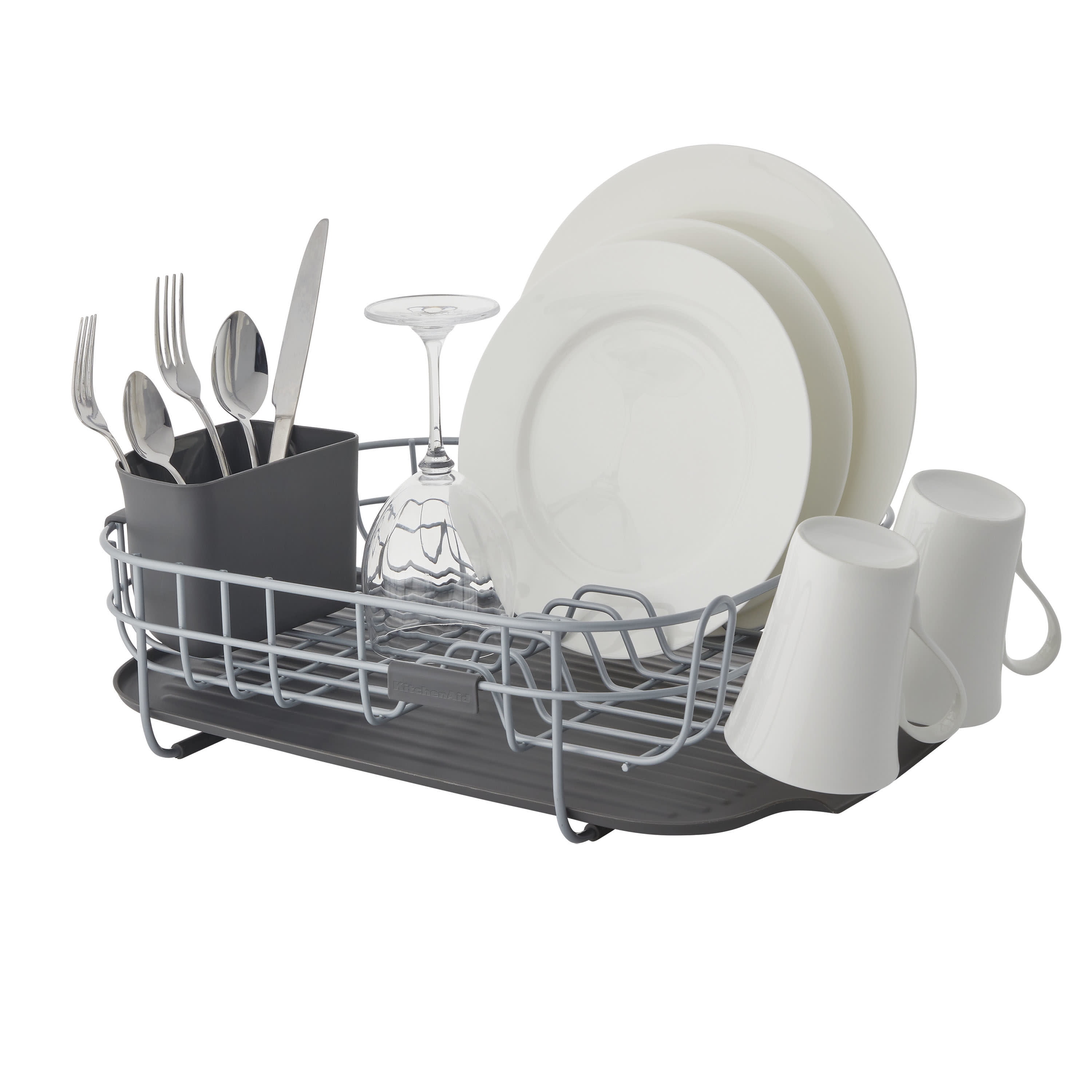 KitchenAid Compact, Space Saving Rust Resistant Dish Rack with Removable  Flatware Caddy and Angled Self Draining Drainboard, 16.06-Inch, Black
