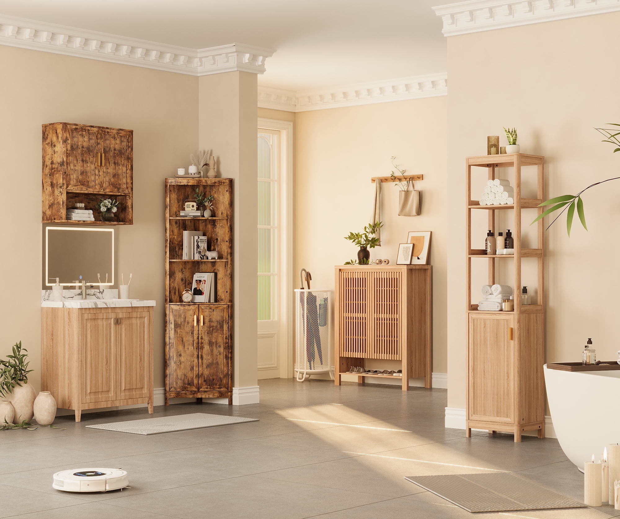 68" Tall Fluted Corner Cabinet for Bathroom, Modern Living Room & Kitchen - 5 Adjustable Shelves, Space-Saving Retro Storage, Curved Profile Design