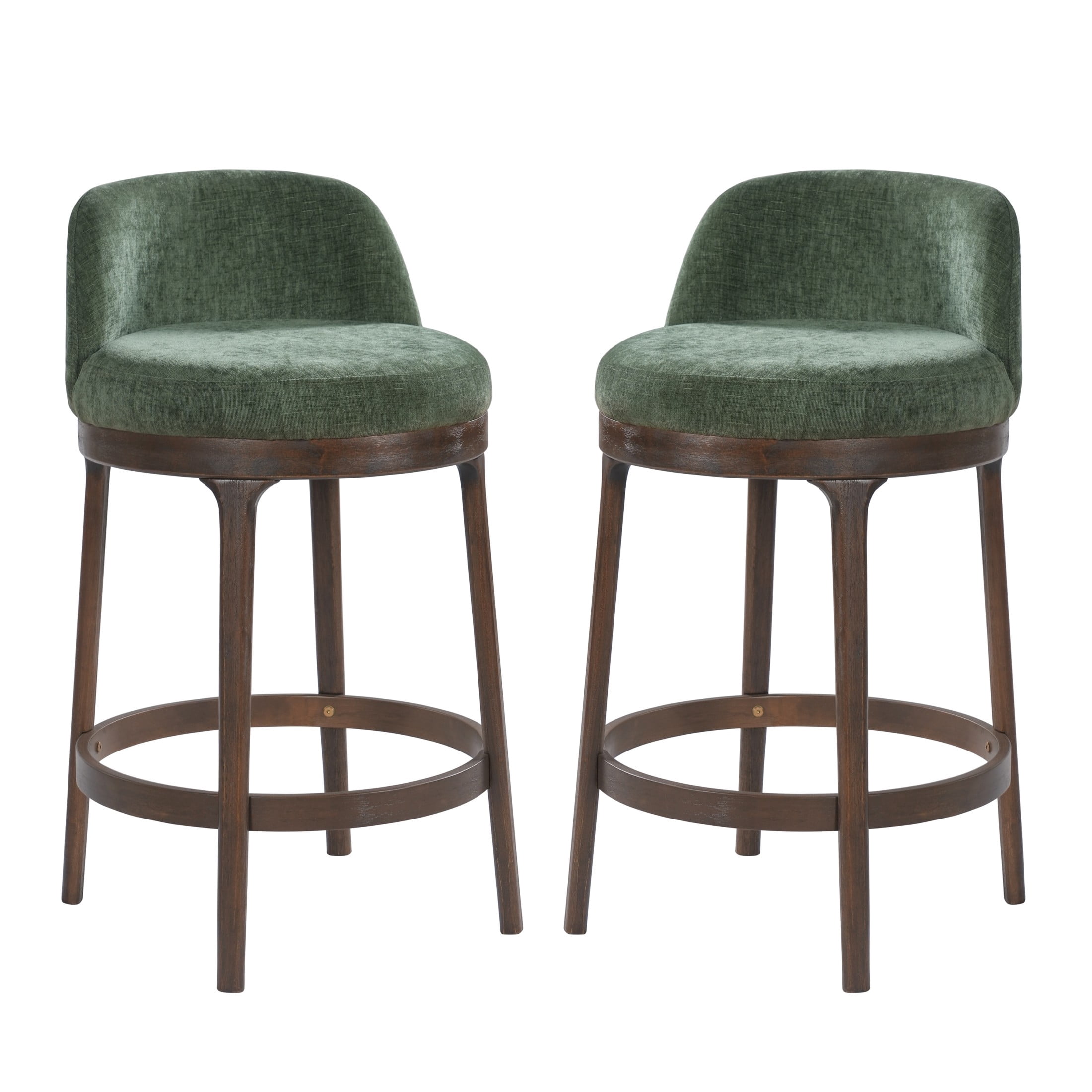 Christopher Knight Home 33"H Wooden Green Upholstered Counter Stools with Round Seat, Walnut Finish, Set of 2
