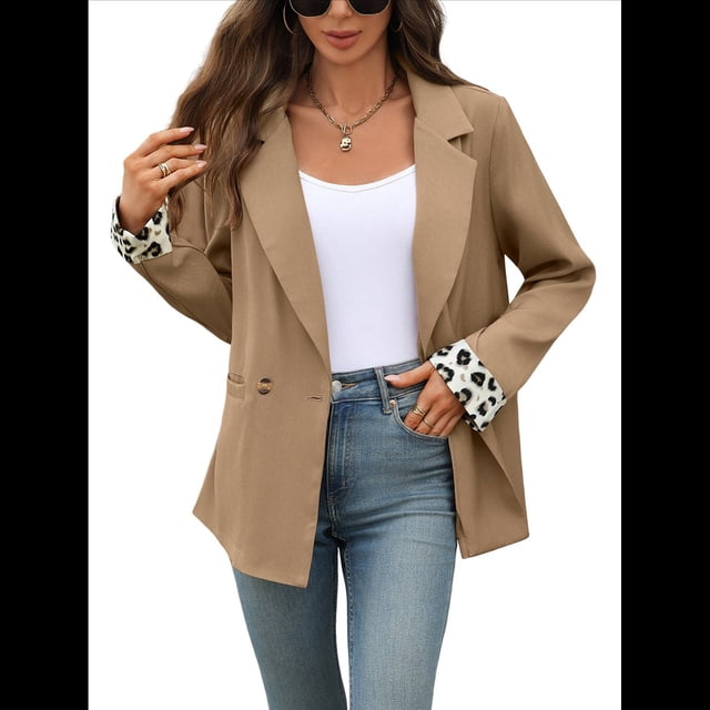Blazer para Mujer, para Oficina, Otoño, Elegante, con Abertura Frontal, de Leopardo, para Negocios, Informal. Caqui XL