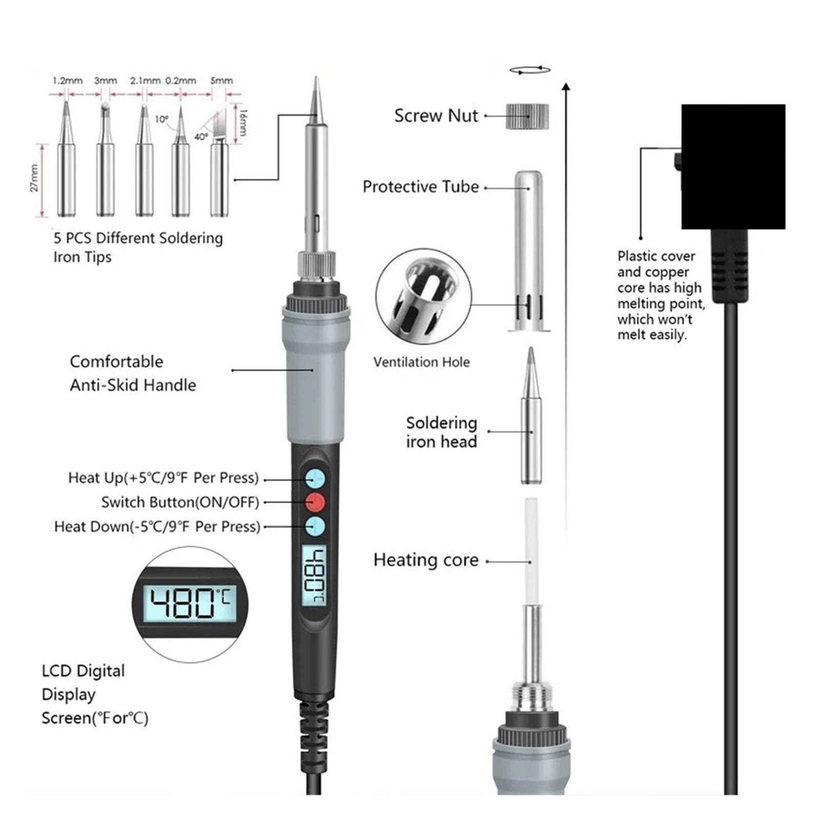 90W Electric Soldering Iron Adjustable Temperature Digital LED Display Electronic Welding Repair Tools Solder Tin Iron Tips ,Internally Heated