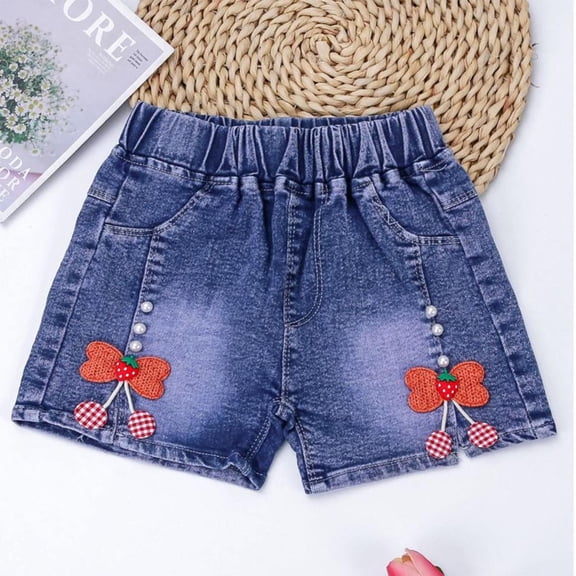 ITSAME Girls Jean Shorts, with Pocket Elastic Waist Bow Embroidery Summer Casual Lightweight Denim Shorts Blue 5T