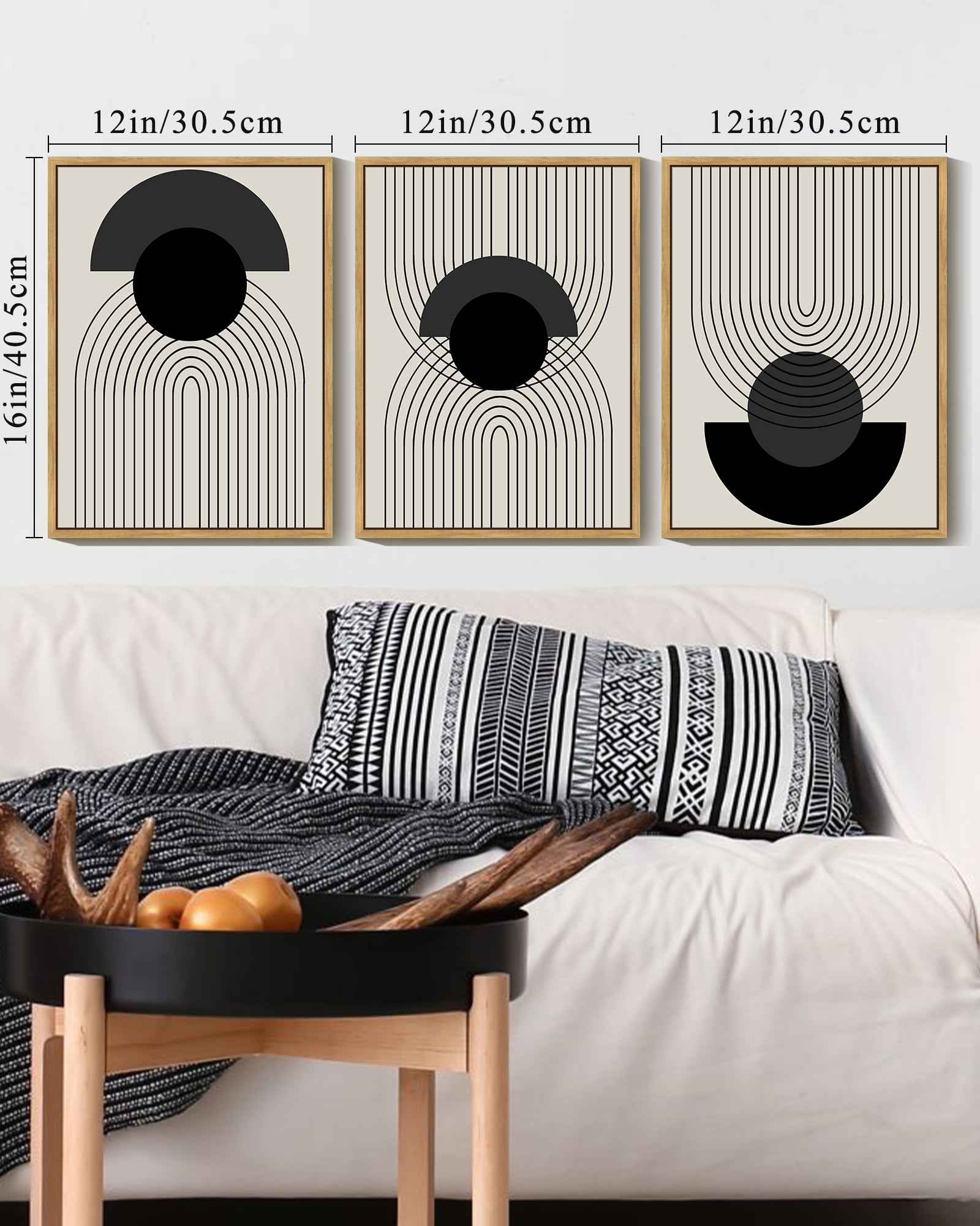 SHENIFY Black Boho Wall Art - Minimalist Mid Century Modern Framed Canvas Prints (Set of 3, 12x16in)