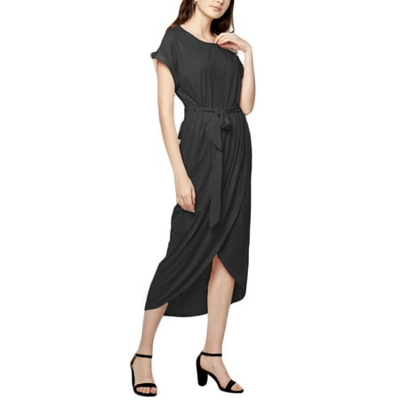 - Casual Women Short Sleeve O-Neck Drawstring Maxi Asymmetrical Hem Dress