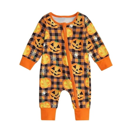 

YWLINK Toddler Kids Boys Girls Romper Long Sleeve Pumpkin Plaid Halloween Hooded Outside Bodysuit Romper Jumpsuit Fall Winter Outfit