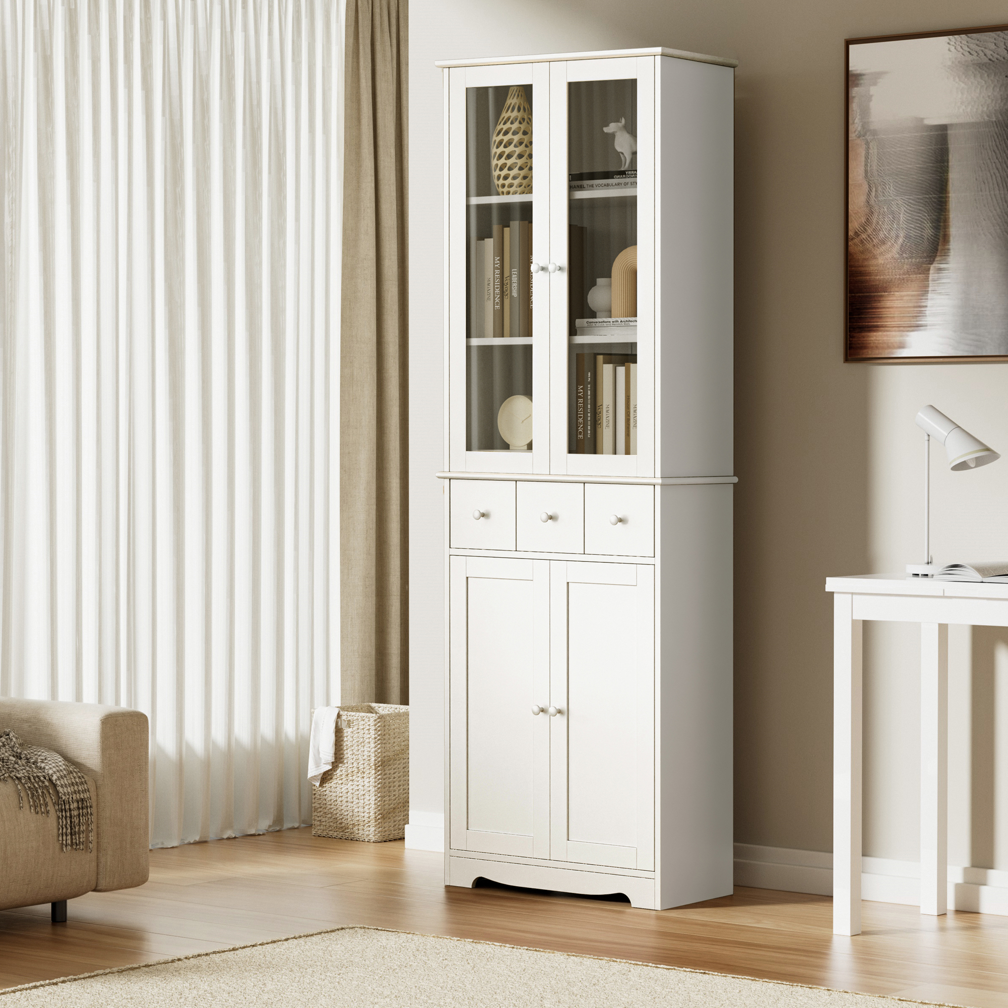 27.56 3-Tier Storage Shelf Glass Door Wall Cabinet with Characteristic Woven Pattern, White - ModernLuxe